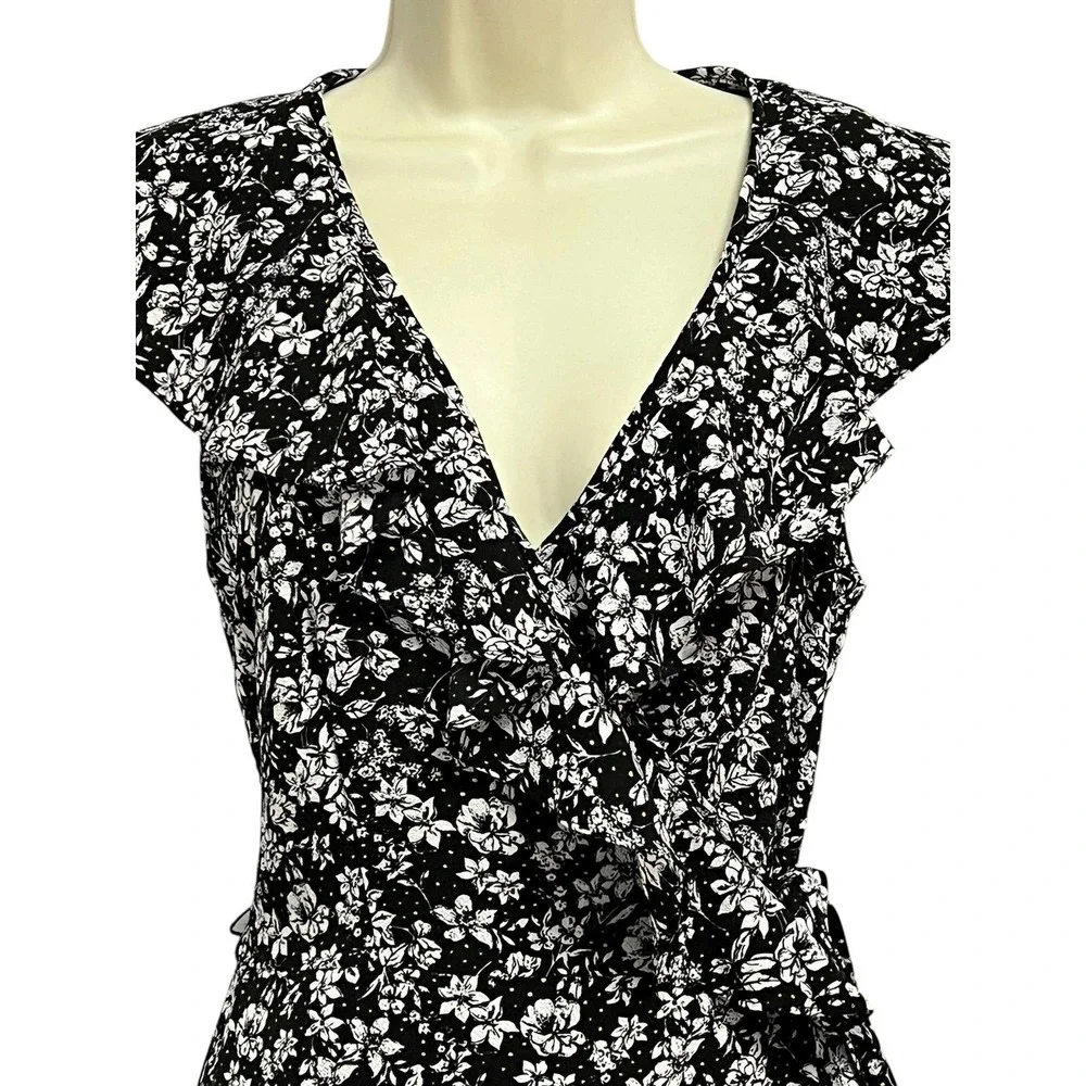 Max Studio Wrap Dress Womens Small Black Floral Dot Ruffle High Low Cottagecore - Picture 4 of 14